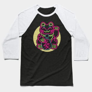 Japanese Maneki Neko Lucky Cat Retrowave Baseball T-Shirt